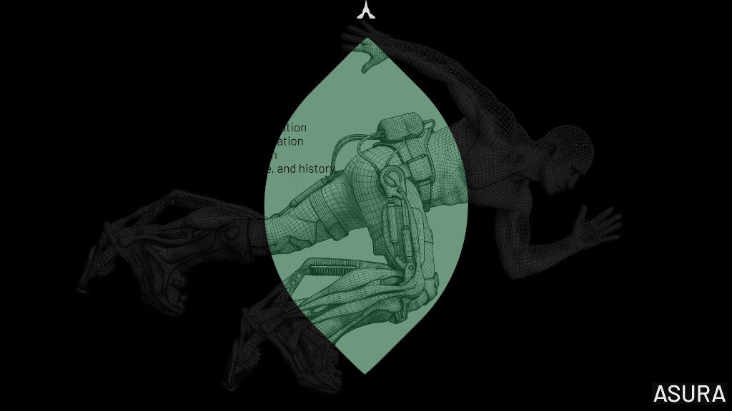 ASURA wireframe: a human body grown into a multi-limb machine